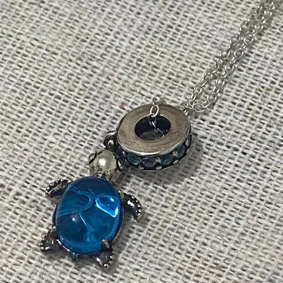 Pandora Turtle Necklace With Blue Diamonds - Picture 2 of 5